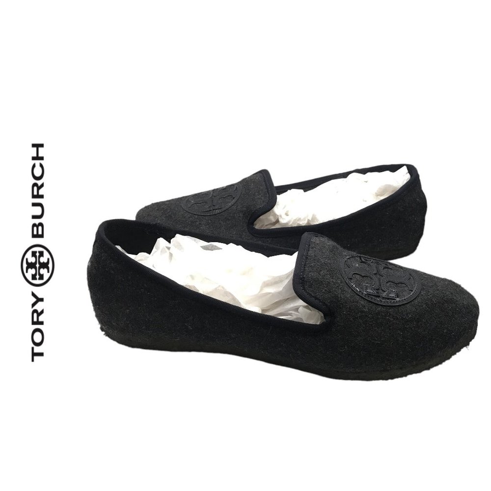 TORY BURCH CHARCOAL GREY BILLY SMOKING SLIPPERS Flats! SIZE 8!